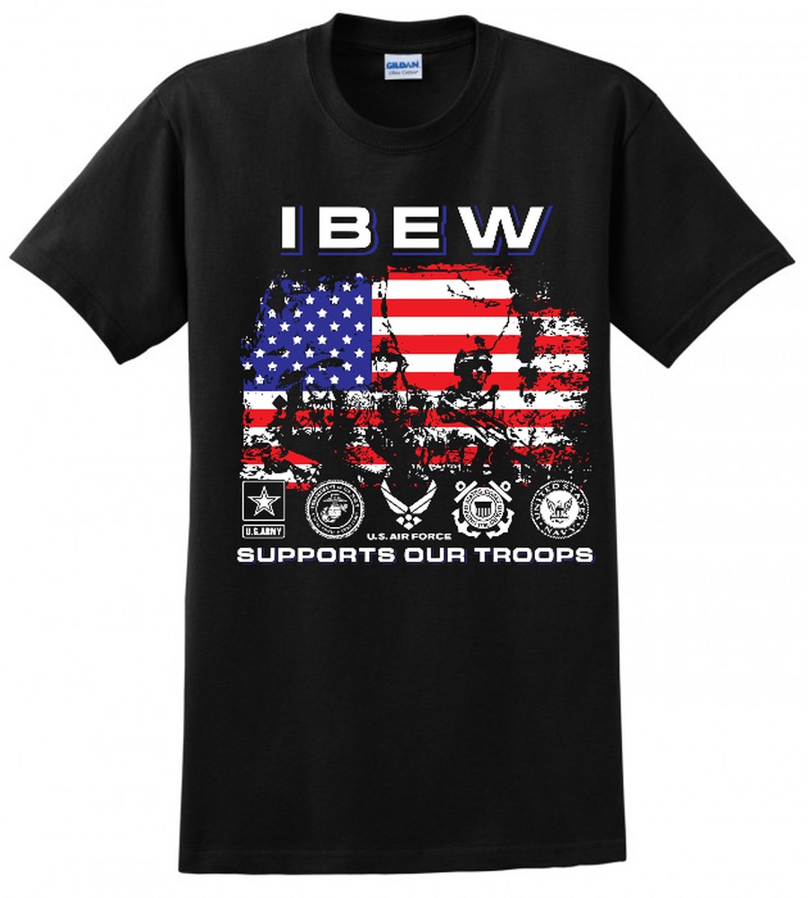 IBEW SUPPORT OUR TROOPS USA AMERICAN MADE UNION PRINTED ADULT MENS TEE T-SHIRT