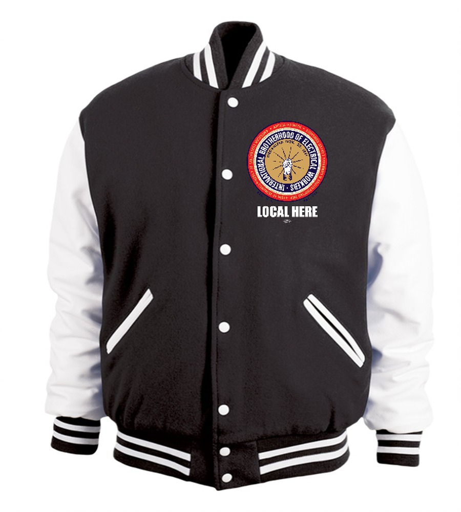 IBEW YOUR LOCAL HERE USA MADE Varsity Wool Leather Jacket UNION EMBROIDERED